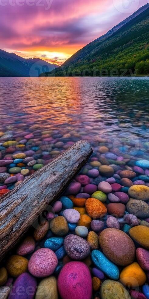 Colorful pebbles at sunset by a calm lake in a scenic landscape photo