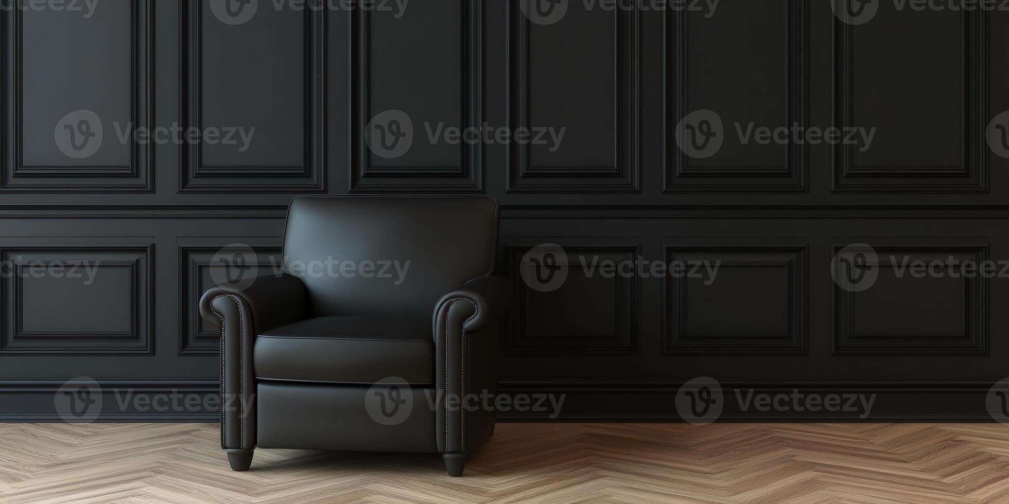 A modern black chair against a dark paneled wall in a minimalist space photo