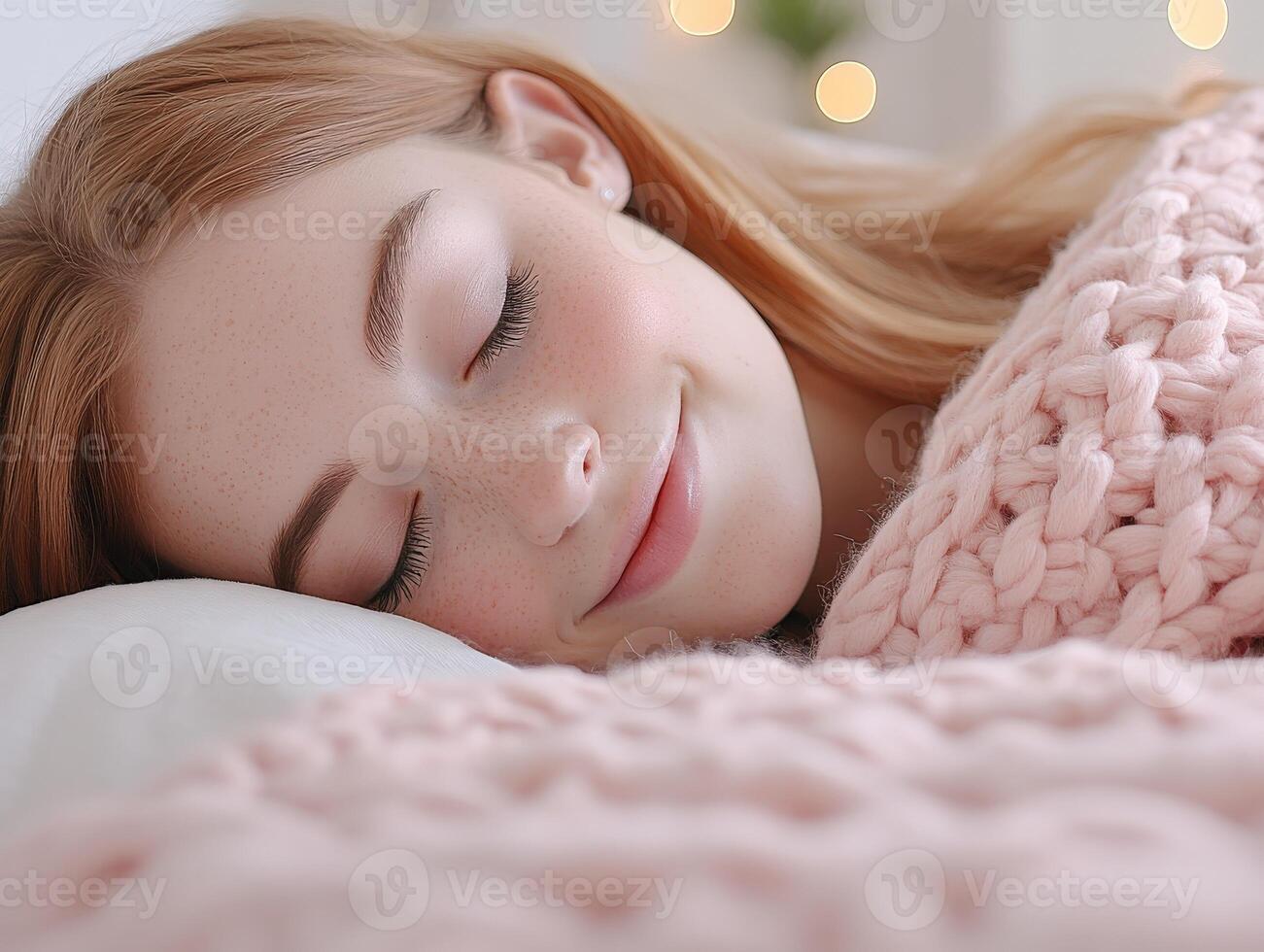 Teen girl peacefully sleeping wrapped in a cozy pink blanket indoors photo