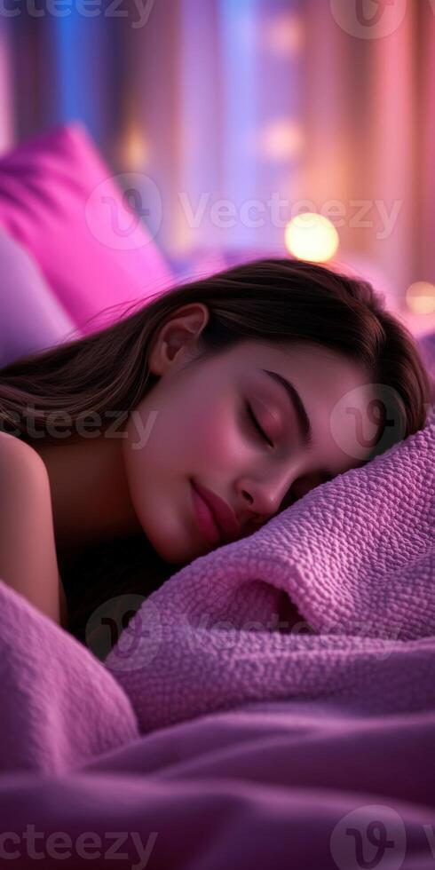 A young woman peacefully sleeping on a cozy pink blanket in her bedroom photo