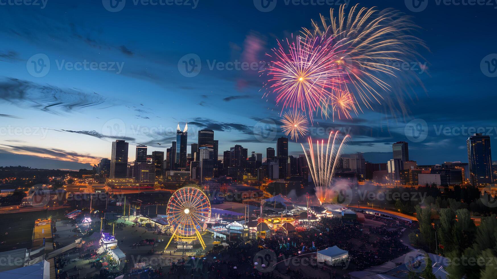 Skyline of calgary with fireworks for the new year photo