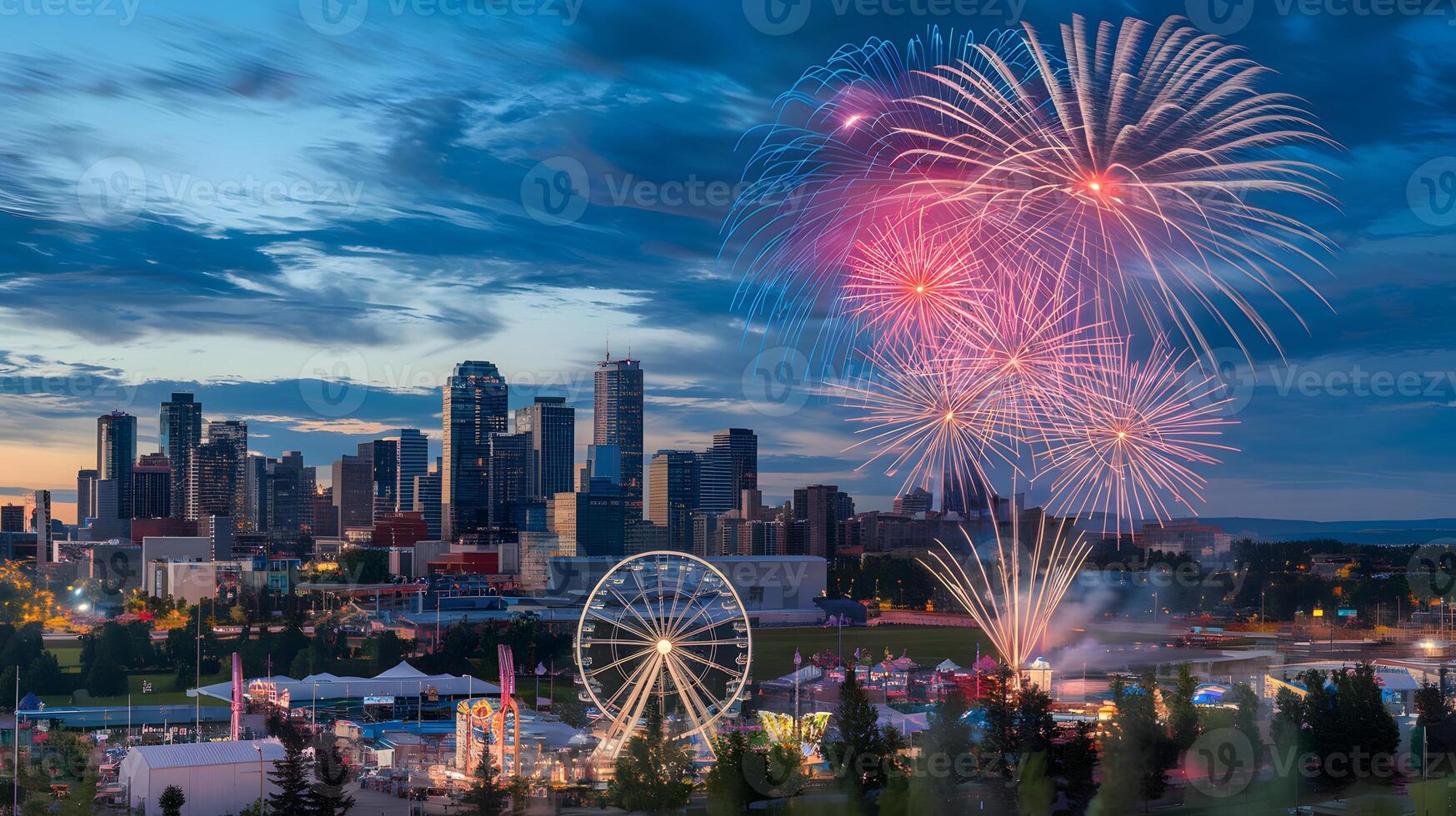 Fireworks Over City Skyline in Calgary, Alberta, Canada. Fireworks display over the night sky with the Calgary downtown skyline in the backdrop during the annual Stampede festivities illustration photo