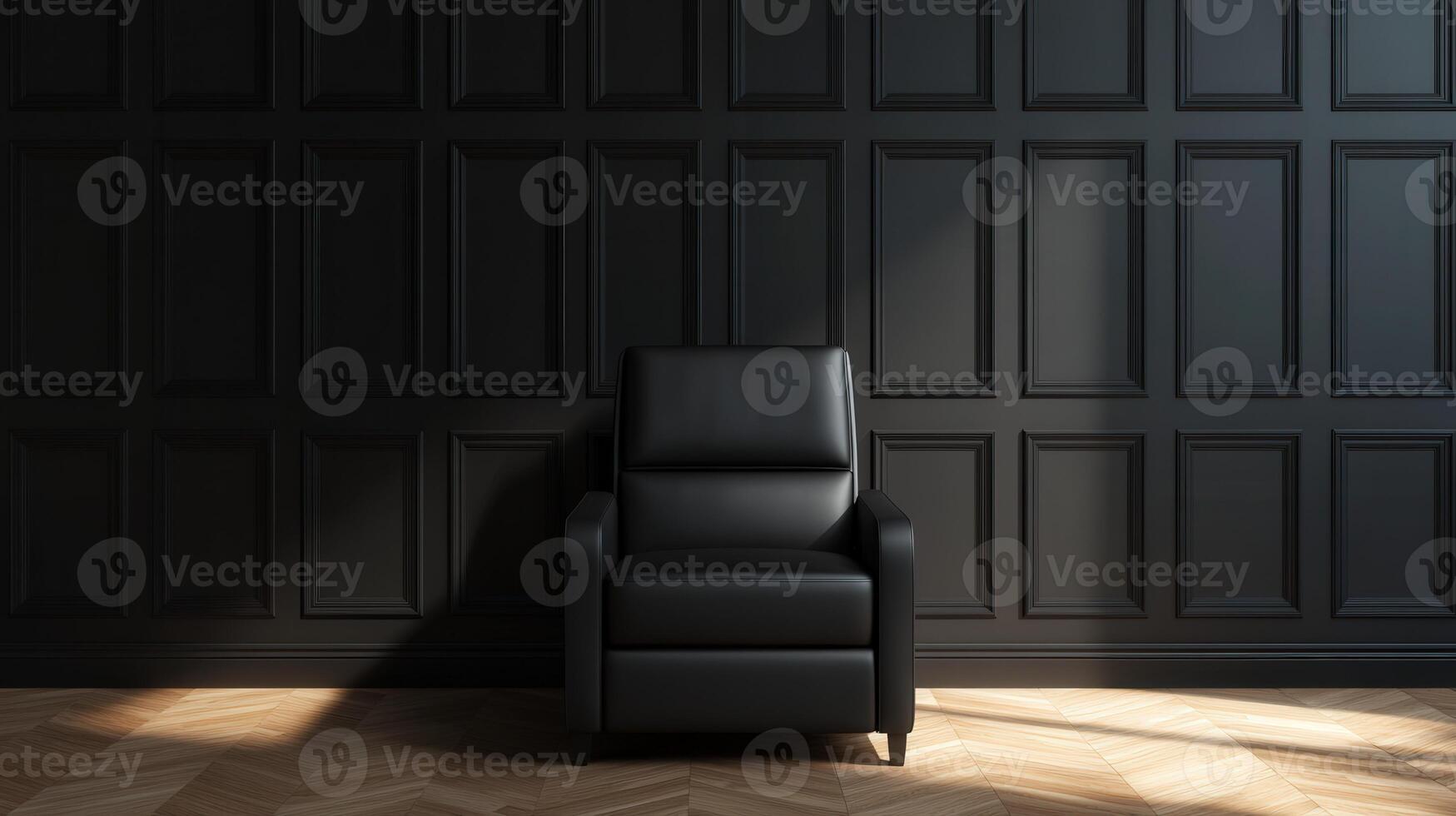 Modern black armchair in a stylishly designed room with dark paneling photo