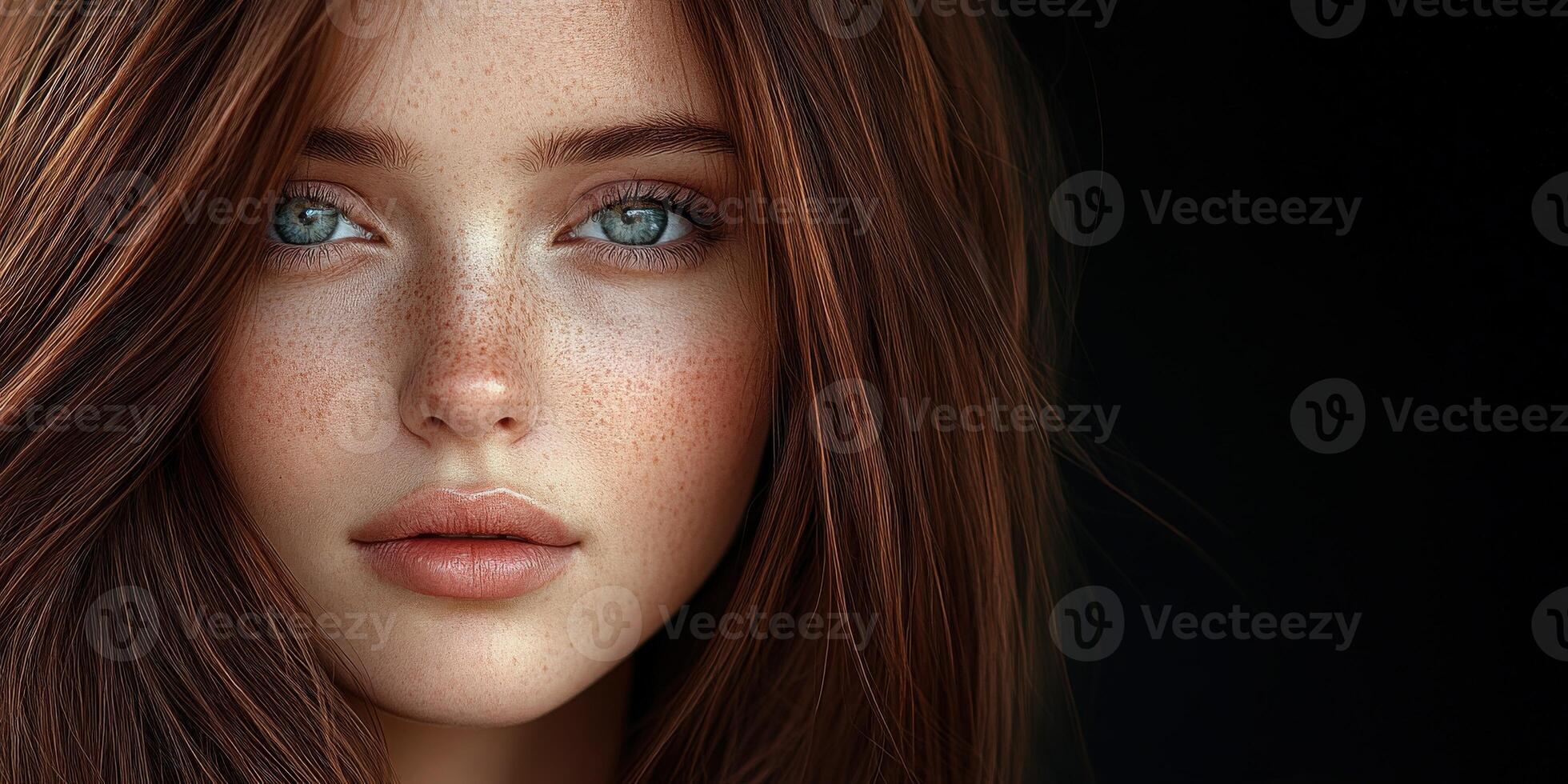 A young woman with striking features and long brown hair in soft light photo