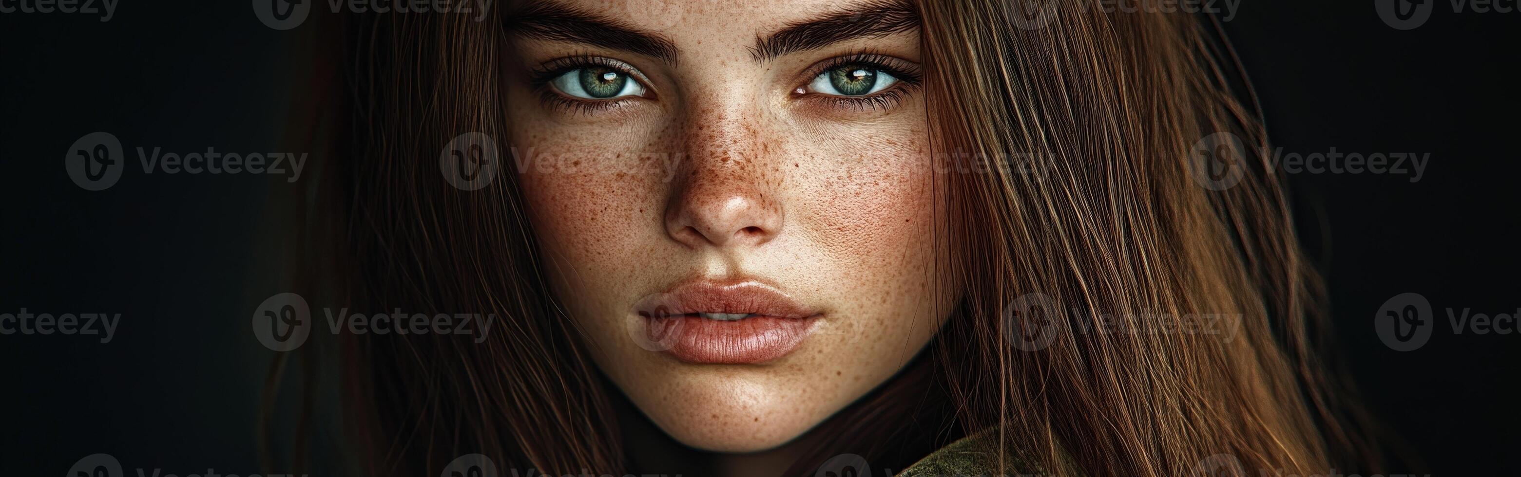Close-up portrait of a young woman with striking blue eyes and freckles photo