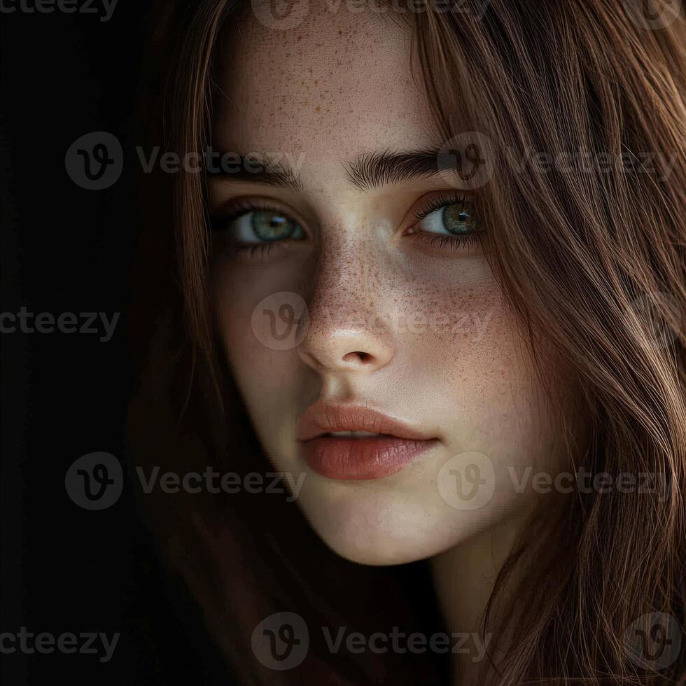 Young woman with captivating blue eyes and freckles in soft light photo