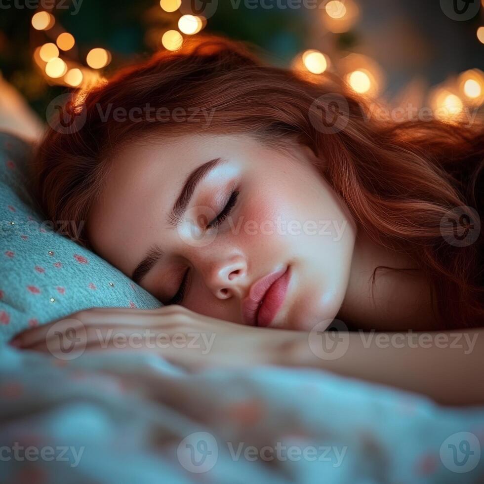 Young woman peacefully sleeping in a cozy, lit-up bed photo