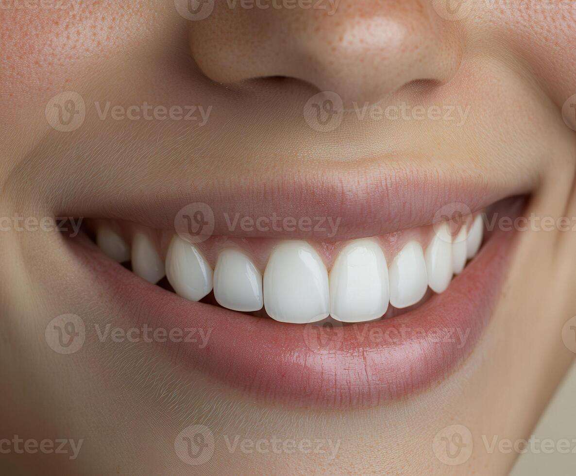 Close-up of a woman smiling with bright, white teeth in natural light photo