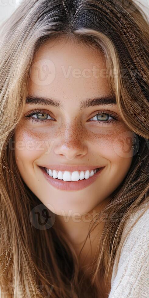 Young woman with freckles smiling warmly in a natural light setting photo