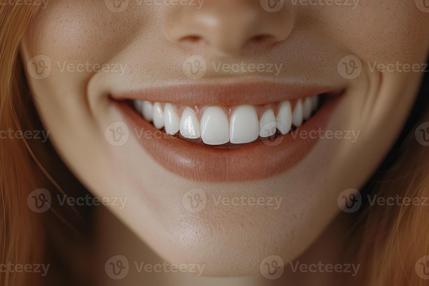 A close-up view of a womans bright smile in soft natural light photo