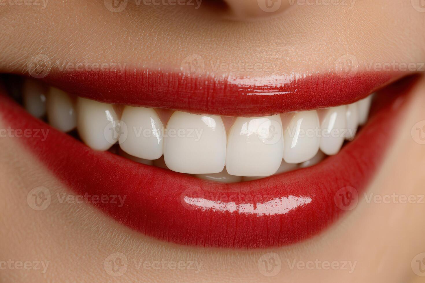 Bright smile with perfect white teeth and red lipstick in close-up shot photo
