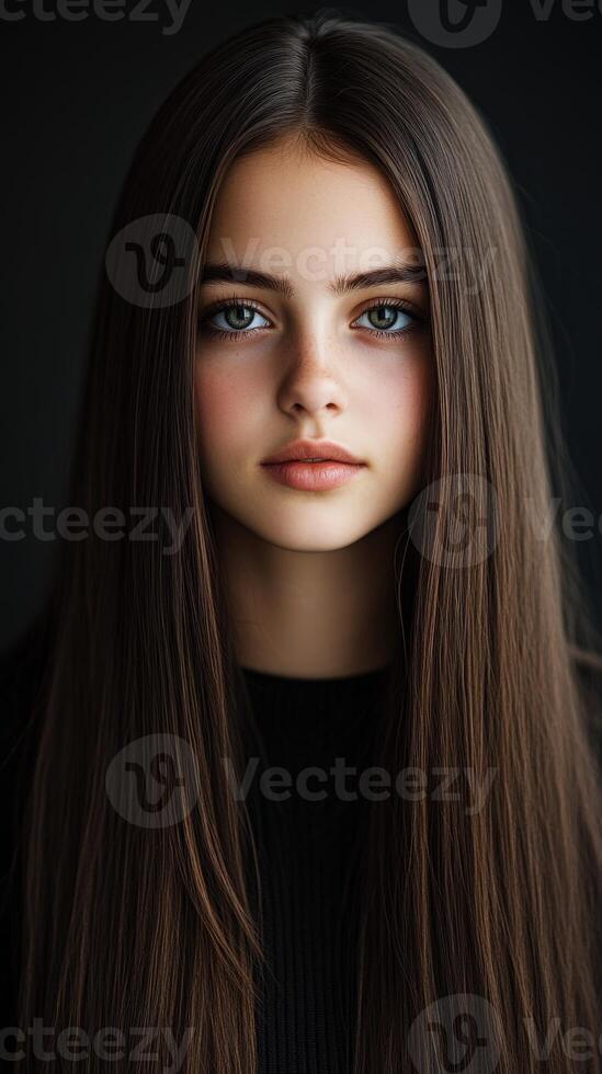 Young girl with long hair poses against a dark background in studio photo