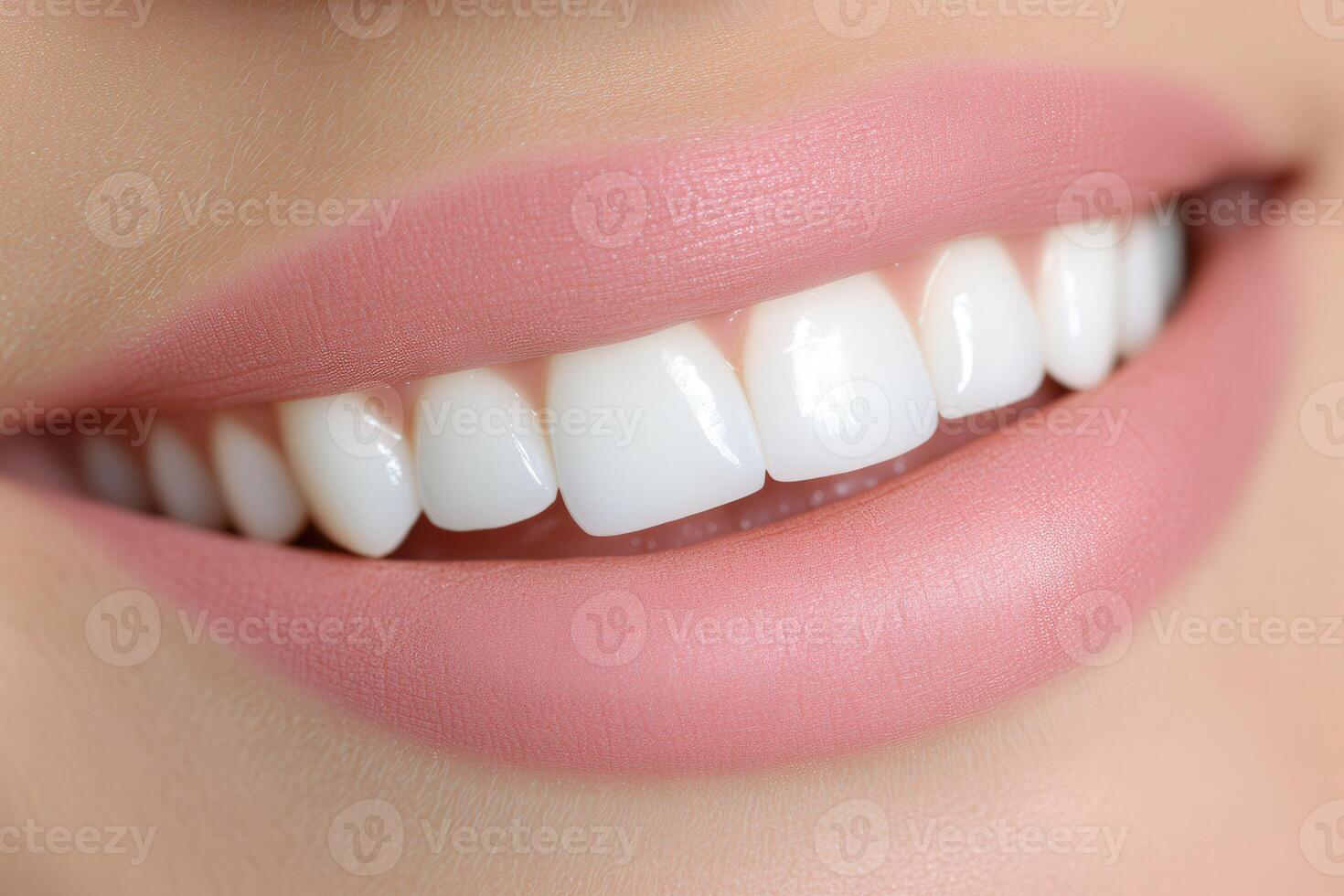 Bright, healthy smile with perfectly white teeth and soft lips photo