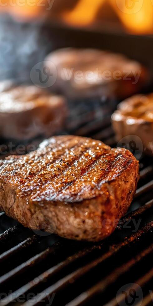 Juicy beef steaks sizzling on a grill in a backyard barbecue setting photo