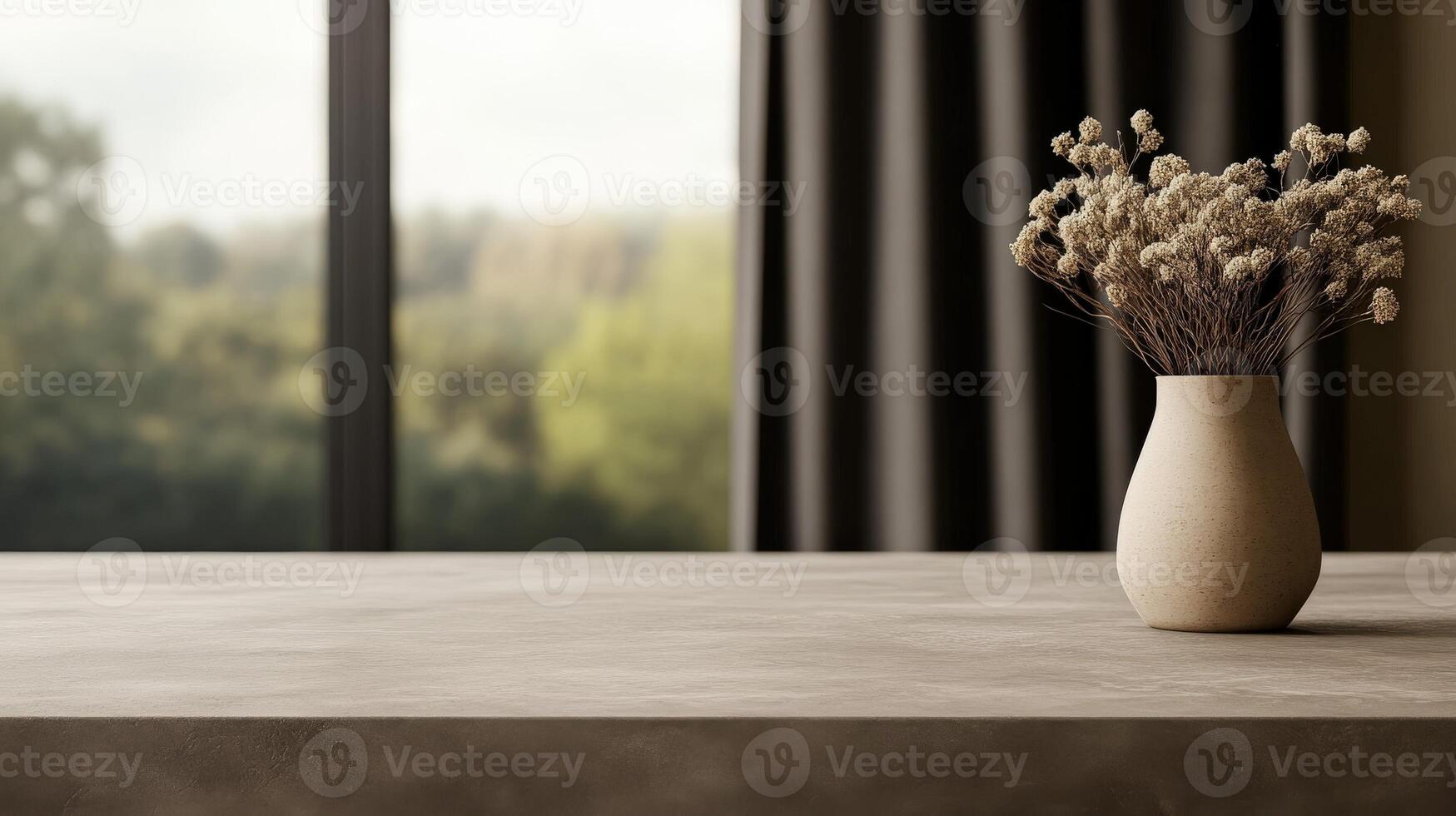 Simple vase with dried flowers on a table near a large window photo