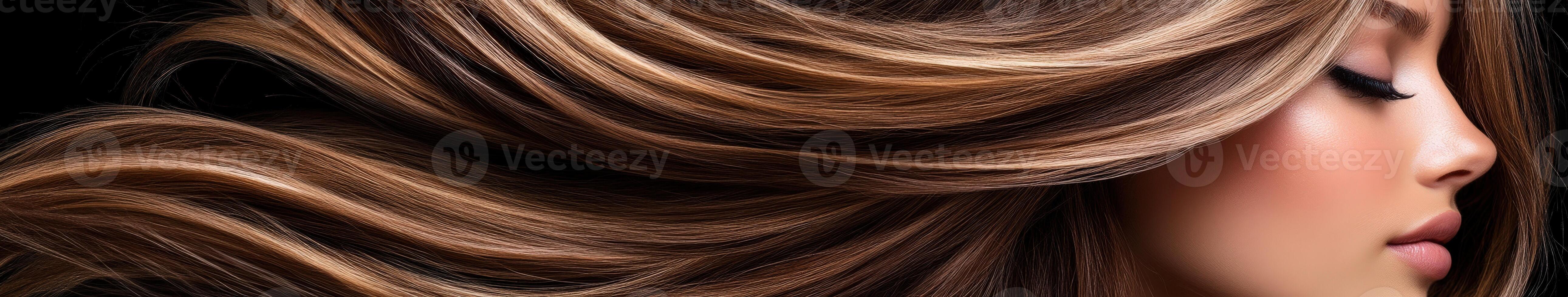 Flowing locks of hair illuminated against a dark background photo