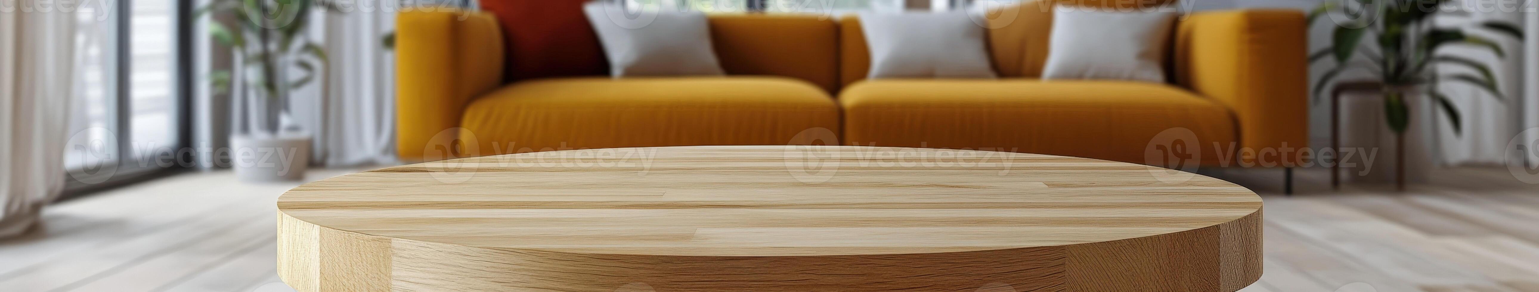 Cozy living room with yellow sofa and wooden coffee table in daylight photo