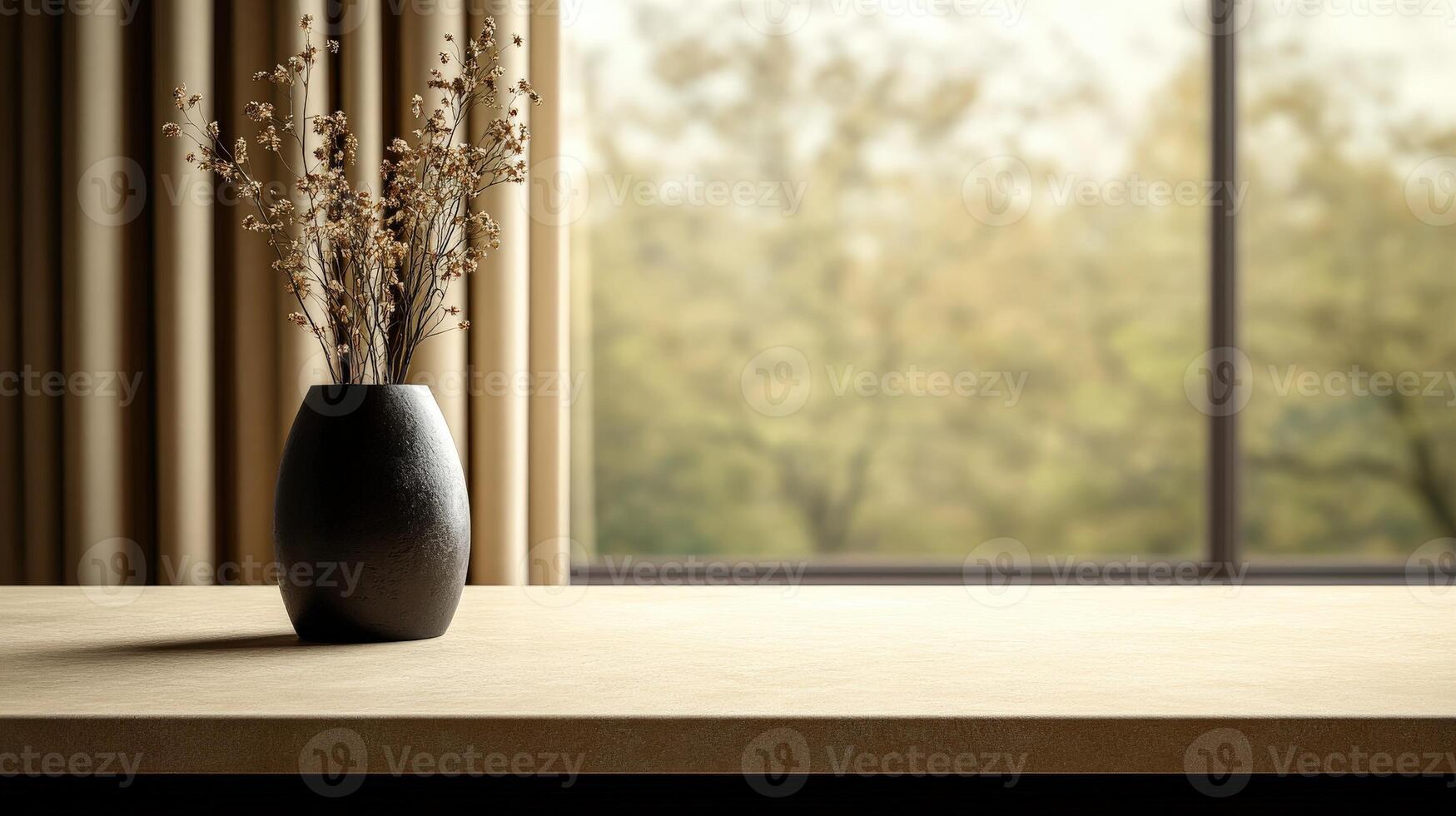 Elegant vase with dried flowers on a table near a large window photo