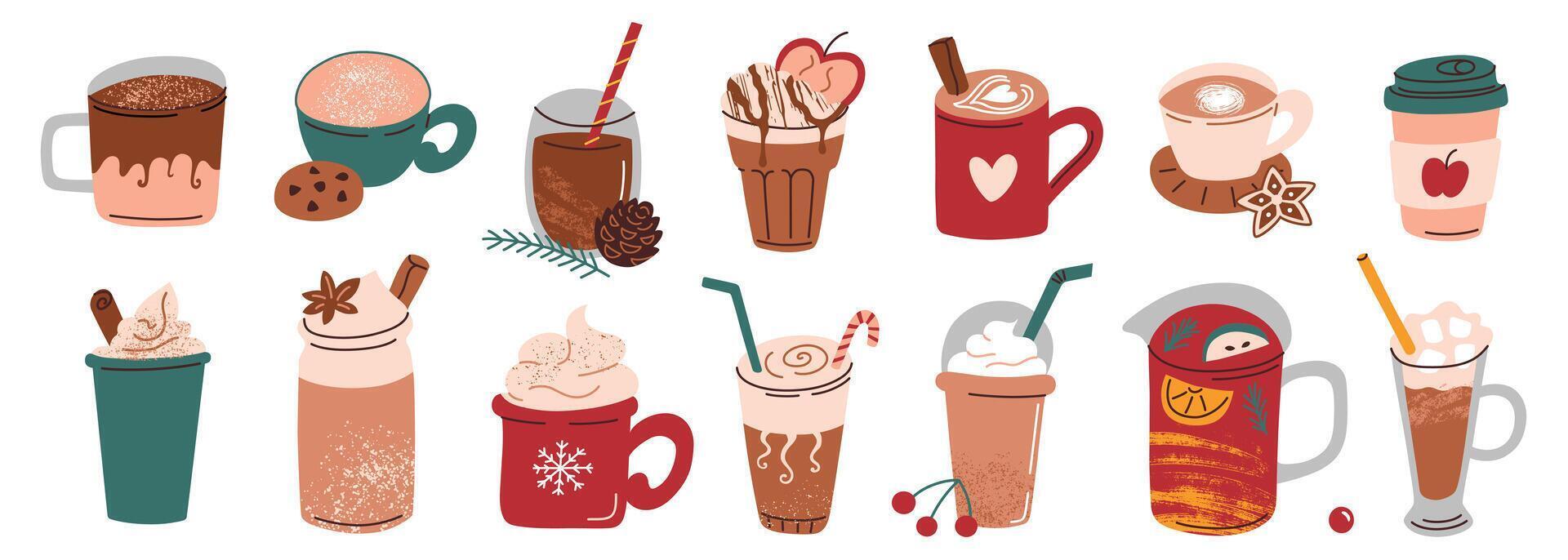 illustration set of cozy winter drinks in cups and mugs, coffee with whipped cream, candy cane, cinnamon, and anise. Hot chocolate, mulled wine for festive Christmas mood in flat cartoon style vector