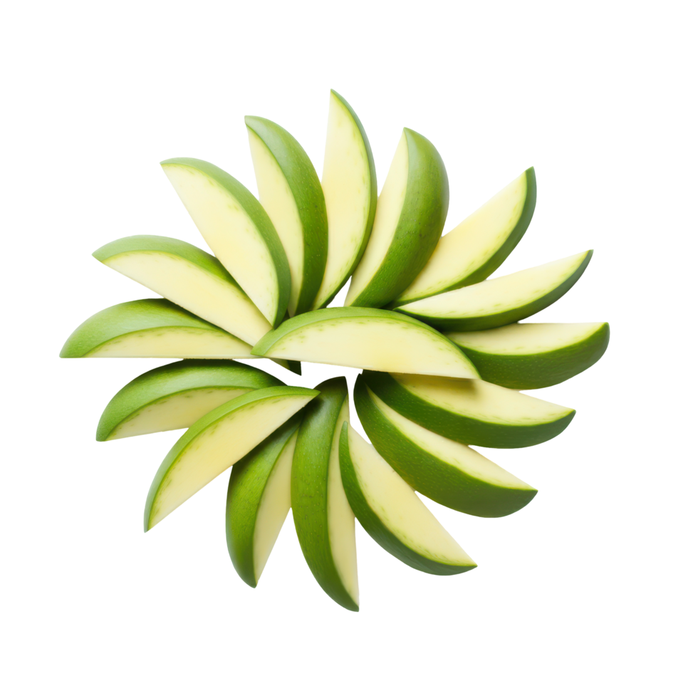 A green mango, sliced into segments, isolated on a transparent background. png