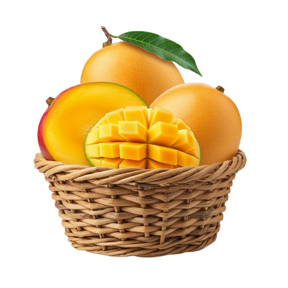 Ripe Mangos Tumble from a Rustic Basket on a Transparent Background png