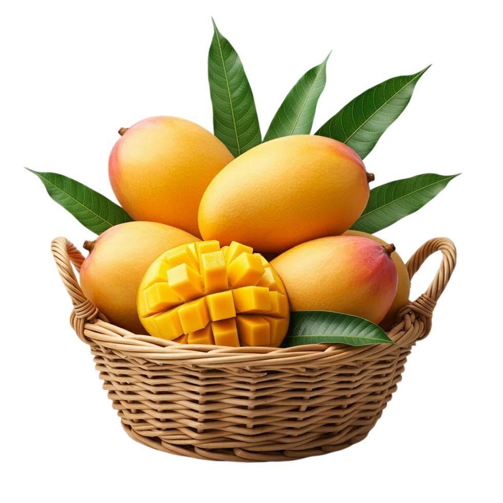 Mango in basket with leaves on black background png