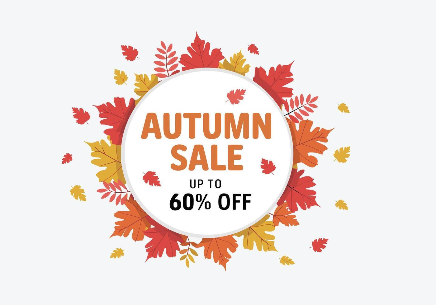 Autumn sale up to 60 off, red and yellow maple leaves around a circular frame vector
