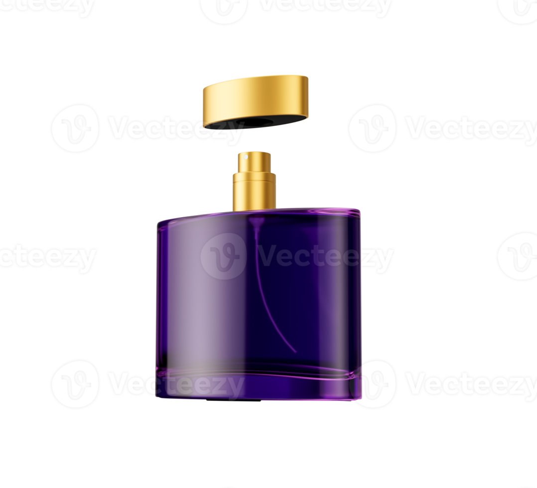An Open Purple Crystal Clear Glass Perfume Bottle With A Shimmering Golden Cap 3D Illustration png