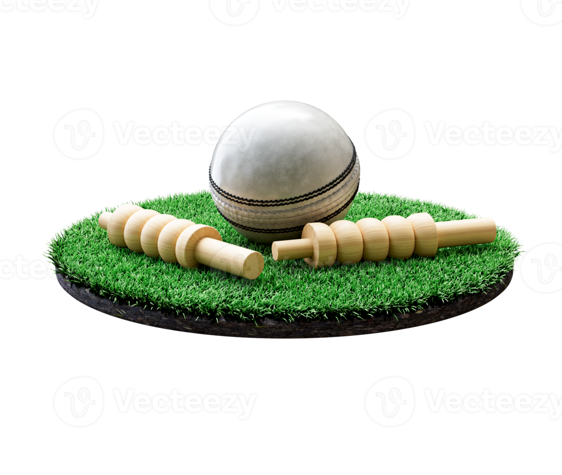 White Leather Stitched ODI Cricket Ball With Two Wicket Bails On Grass Ground Field 3D Illustration png