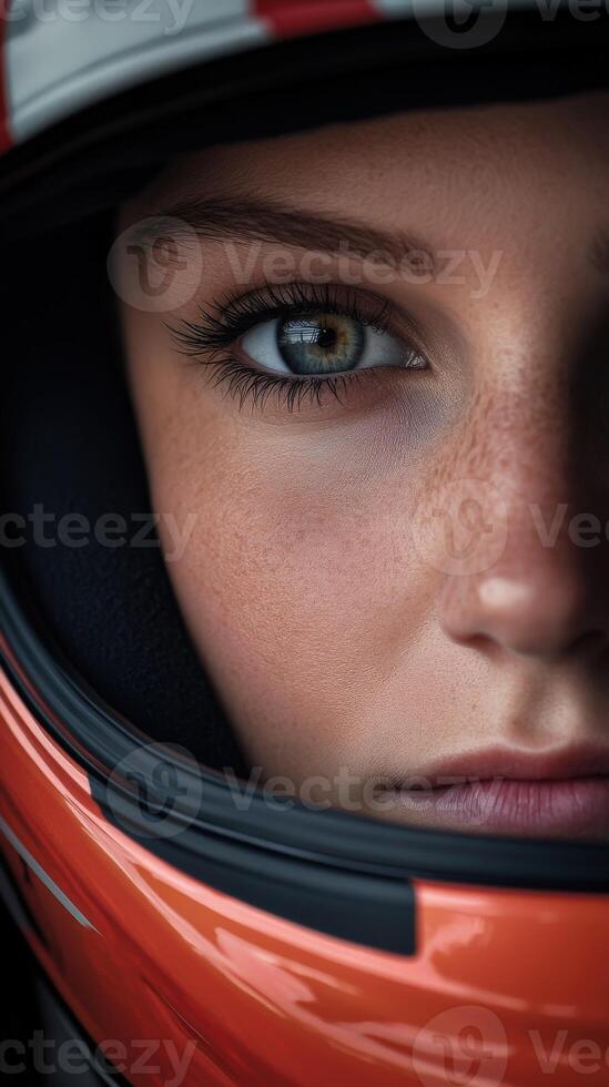 Close-up of a female racer in a vibrant helmet before the race photo