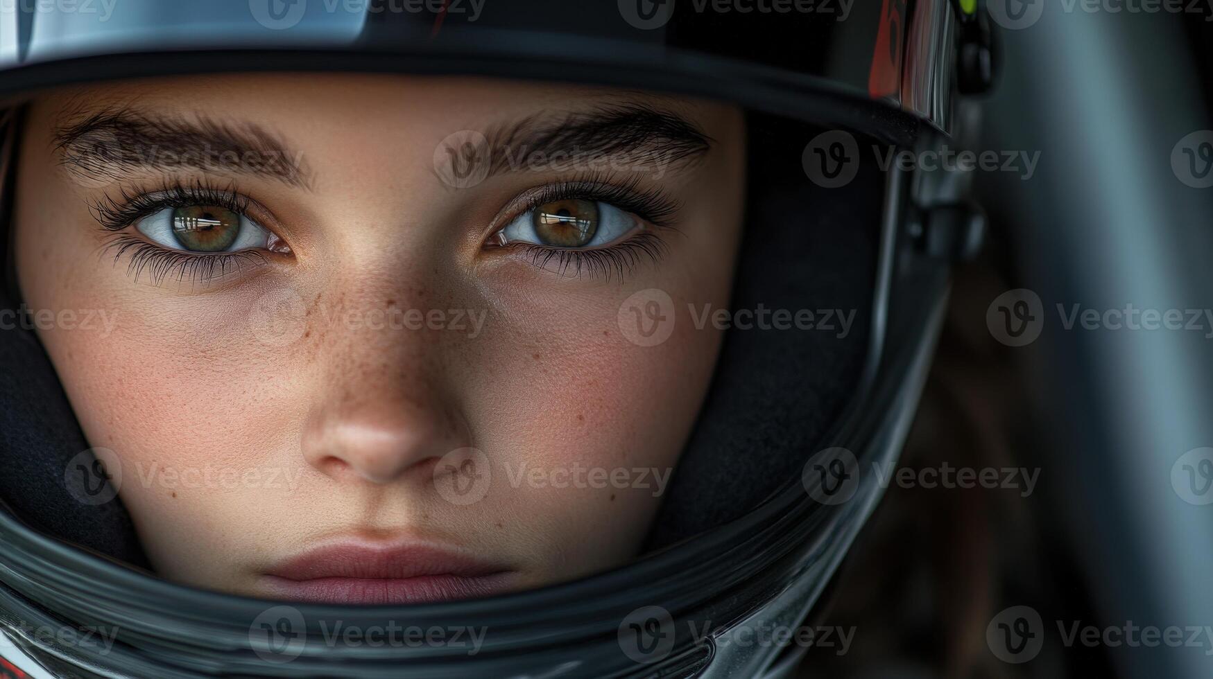 Young female racer in a helmet prepares for a race in the pit lane photo