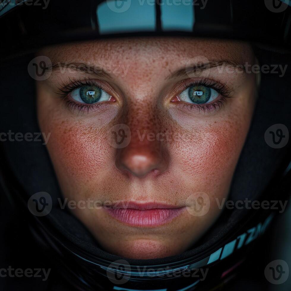 Determined female racer in helmet before competition photo
