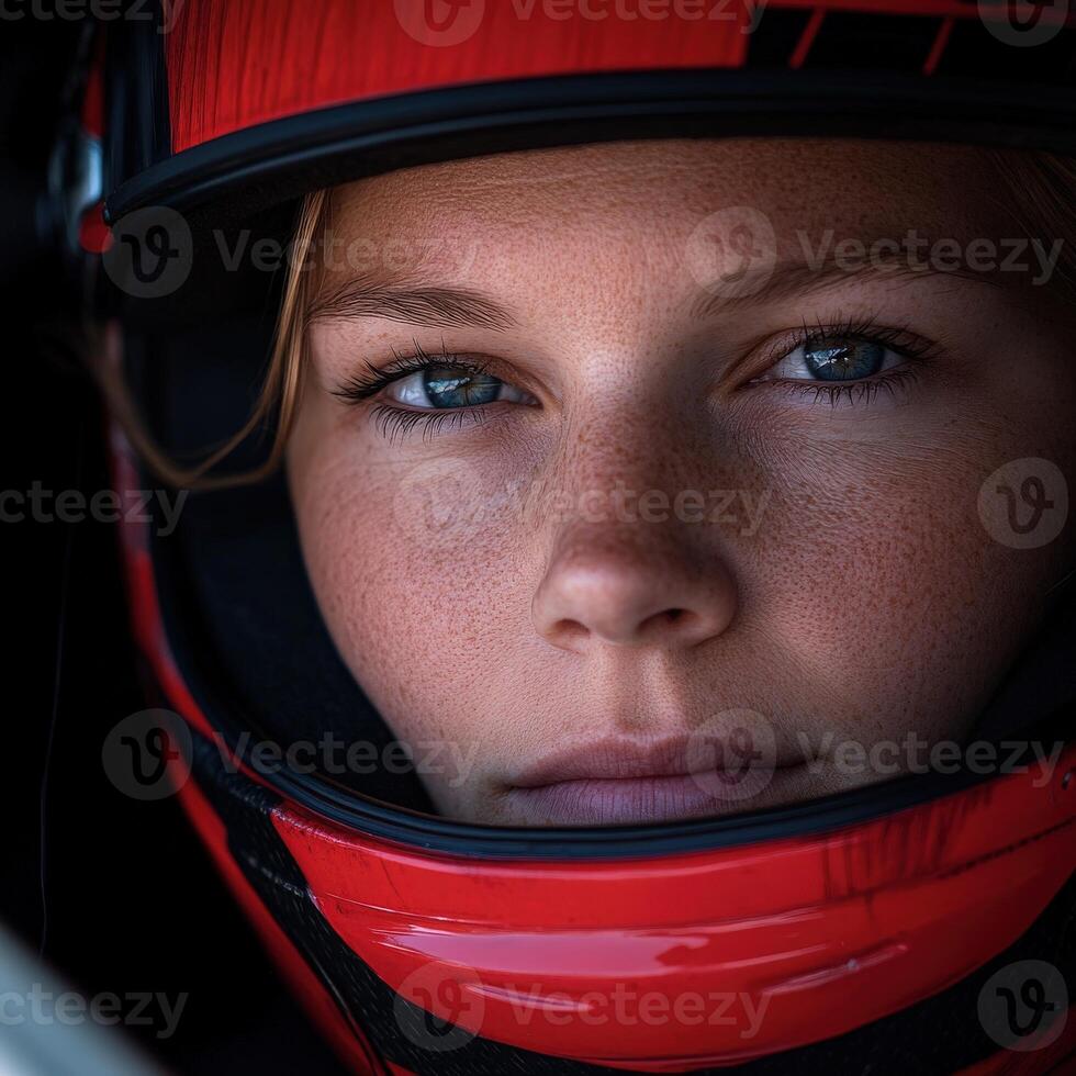 Race car driver intensely focused before a vibrant competition photo