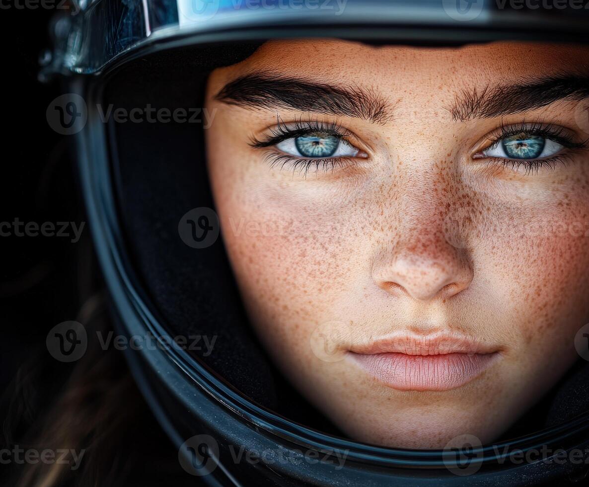 Young woman in a racing helmet with striking blue eyes, close-up photo