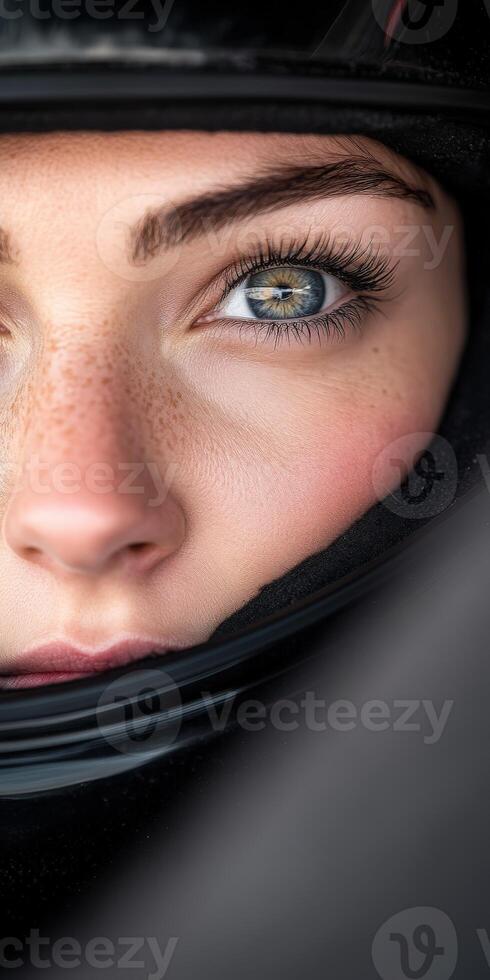 Close-up of a racer in a helmet with striking blue eyes and freckles photo