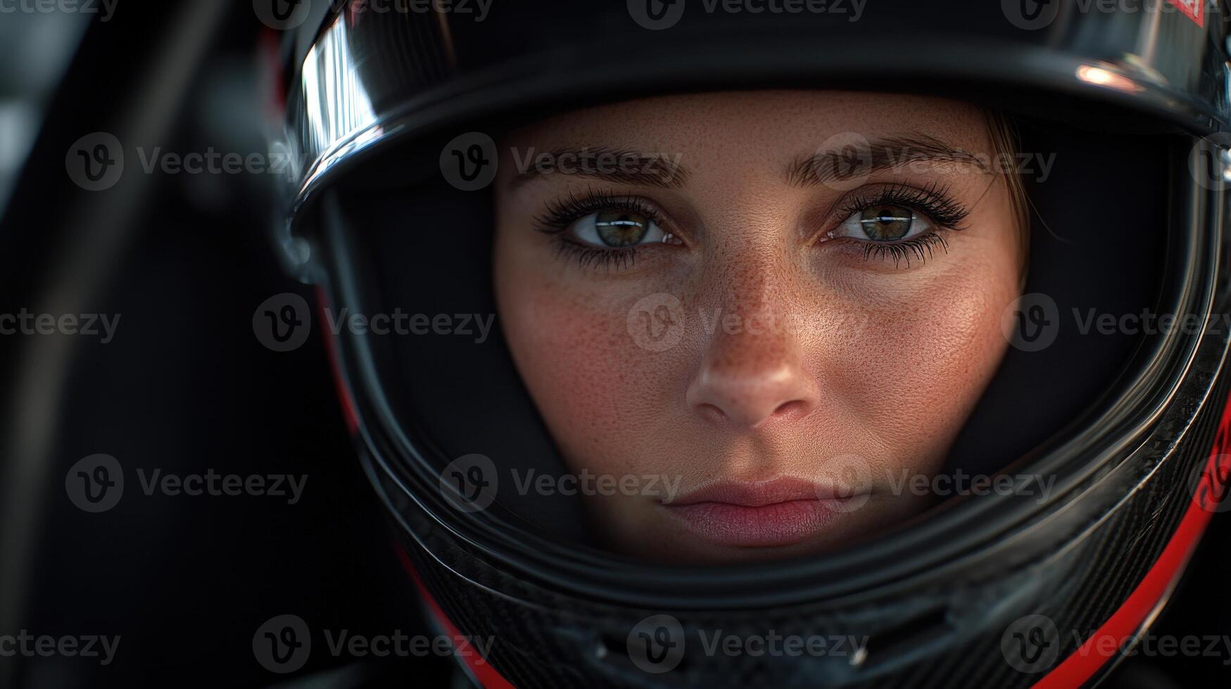 Female racing driver in a helmet reflecting determination during a race photo