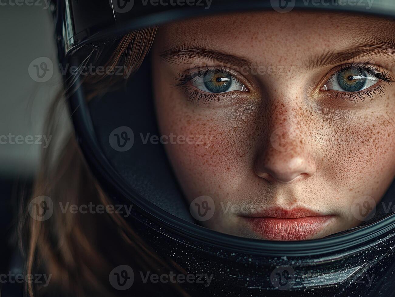 Portrait of a young woman wearing a motorcycle helmet at a racetrack photo