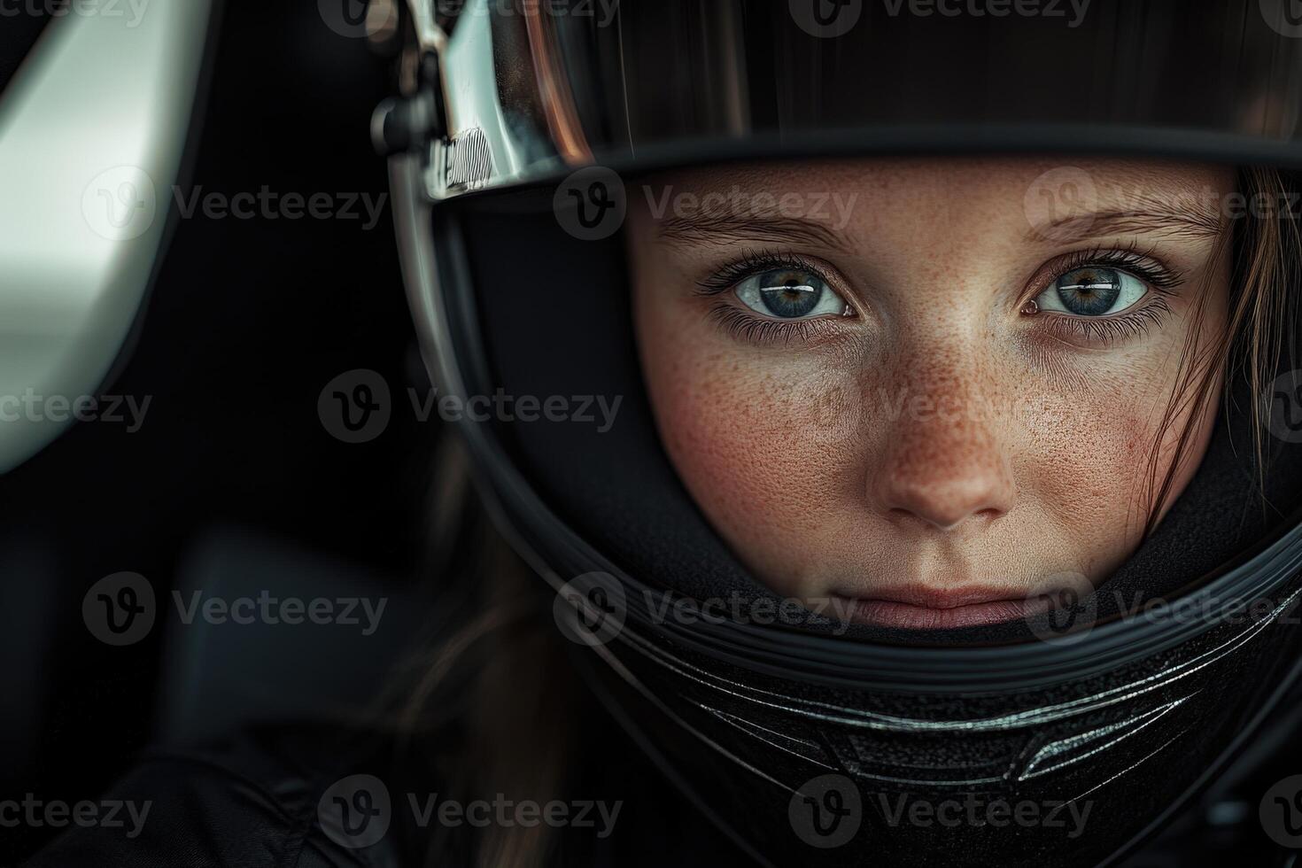 Young race car driver in a helmet ready for competition at the track photo