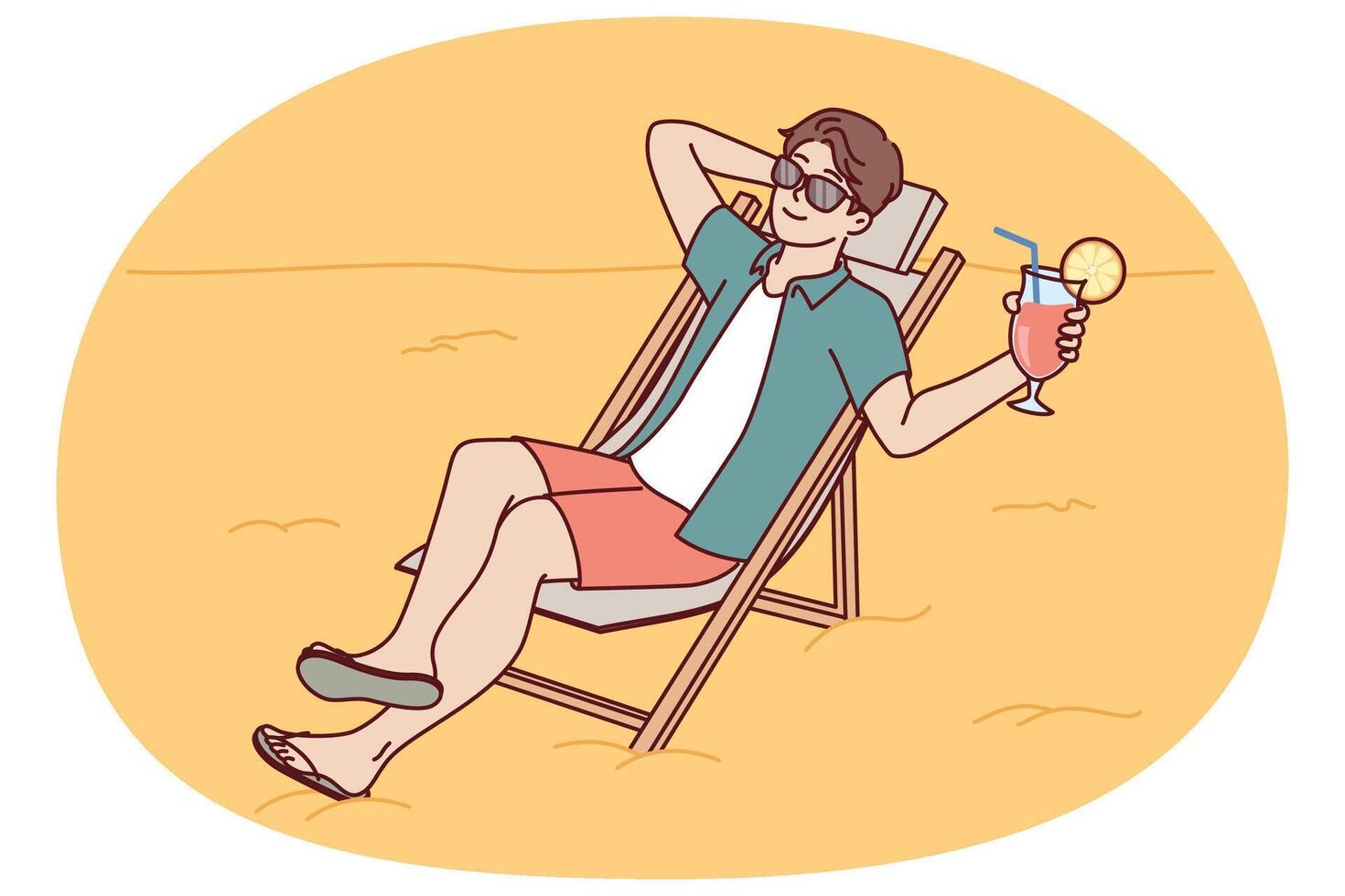 Man tourist is sunbathing on beach sitting in sun lounger and drinking fruity refreshing cocktail vector