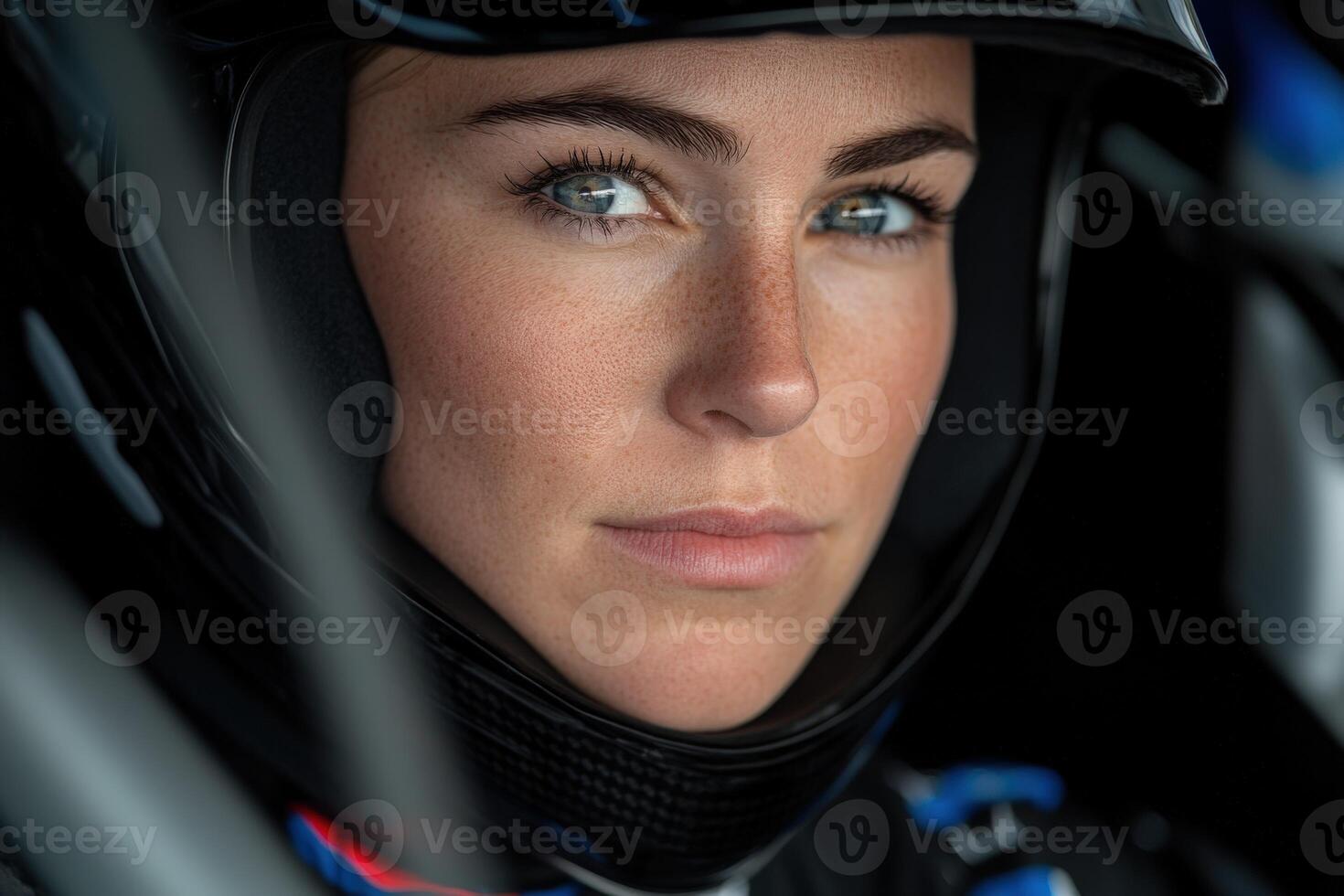 A focused female race car driver preparing for a race day event photo