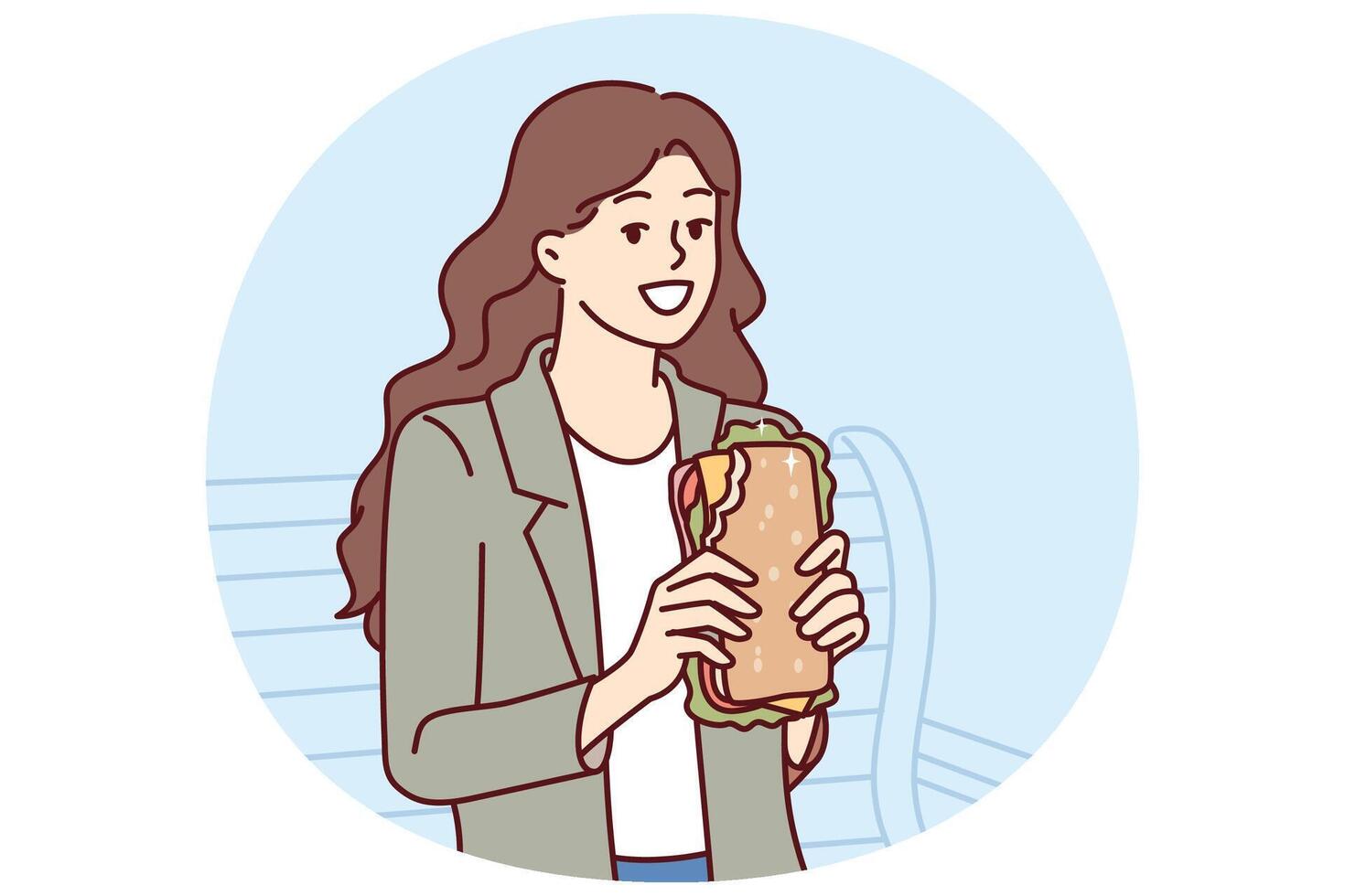 Woman eats sandwich while sitting on bench in park and enjoying street food and good weather vector