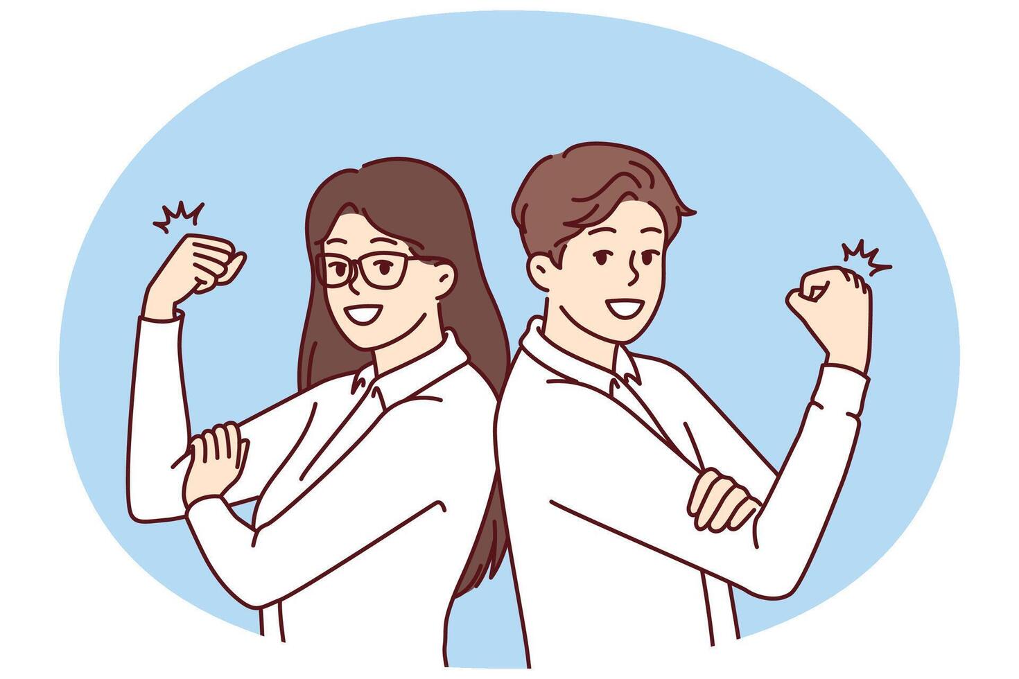 Business man and woman with smile demonstrate biceps for concept of professionalism and cool skills vector