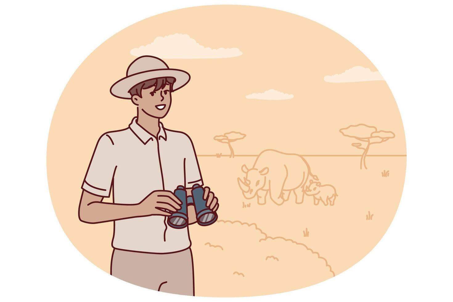 Man ranger with binoculars is watching animals in wild being in national reserve with hippos vector