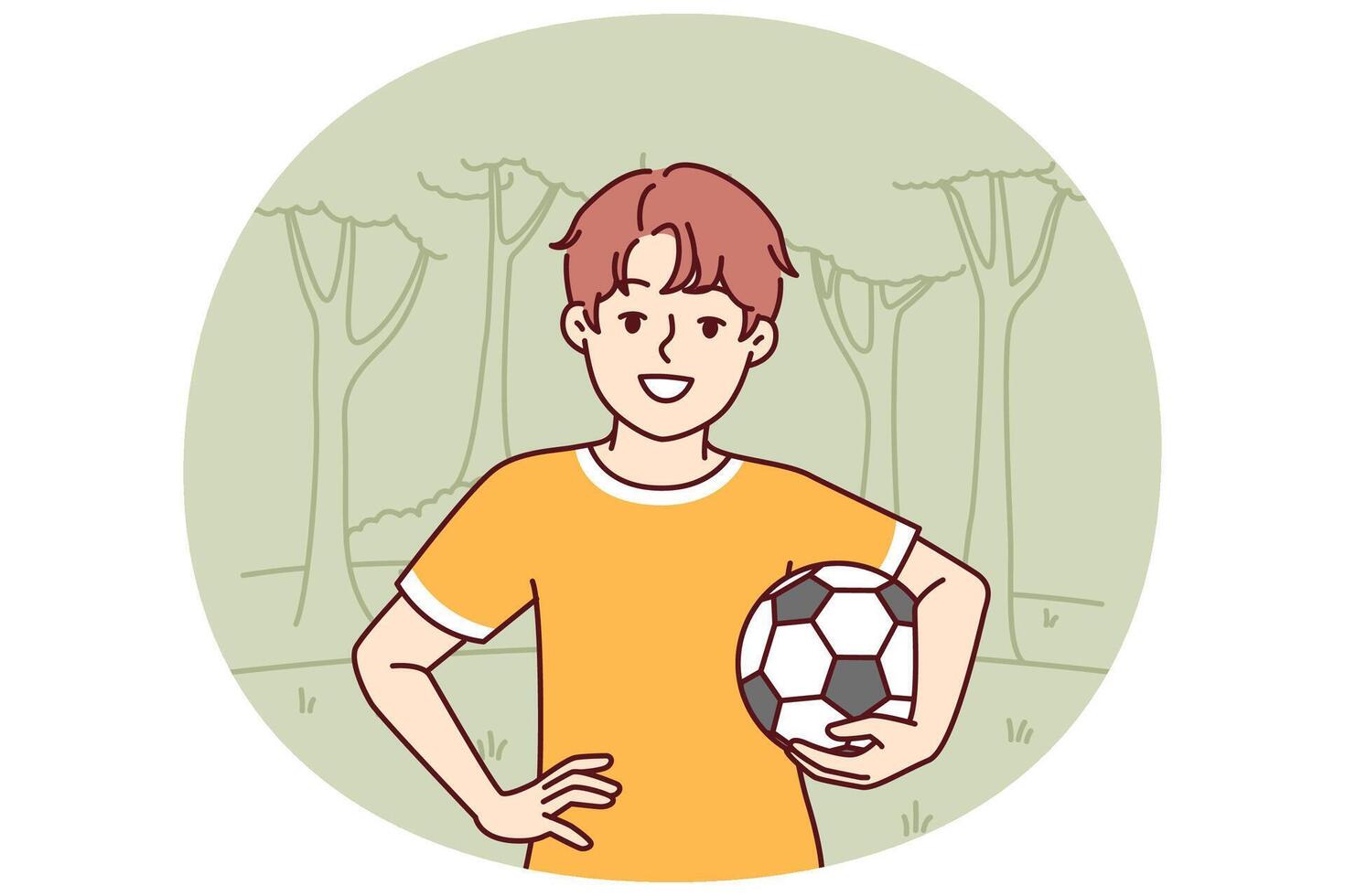 Little boy with soccer ball enjoys outdoor recreation and with smile looks at screen vector