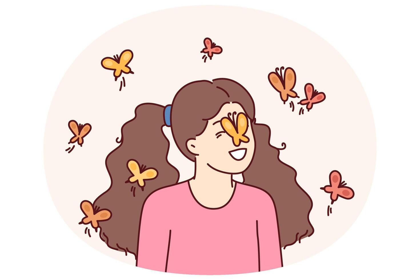 Little girl among butterflies flying and landing on face for spring mood concept vector