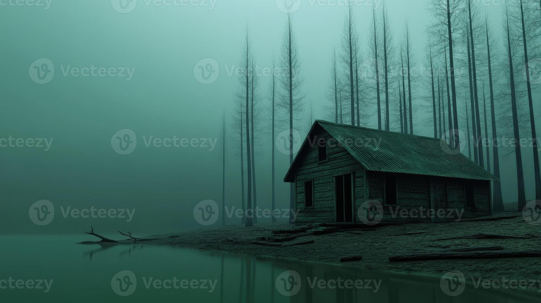 Abandoned wooden cabin by a misty lake surrounded by tall trees photo
