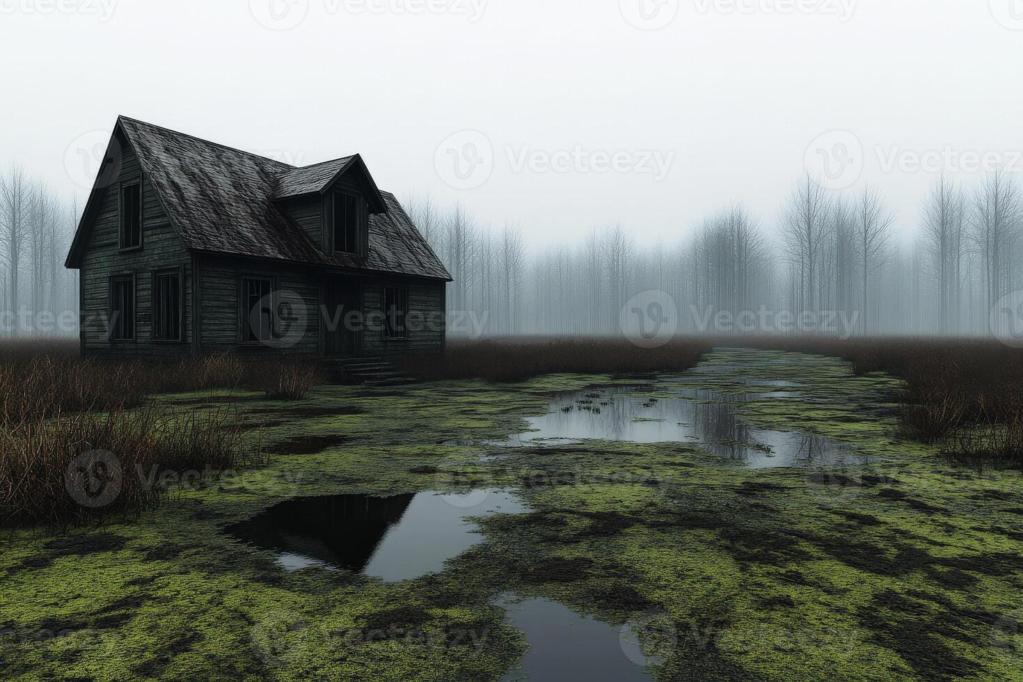 Abandoned house stands in a misty marshland during overcast skies photo