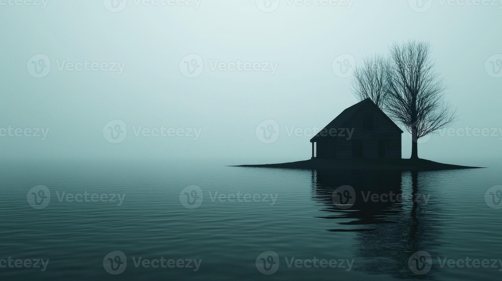 Mysterious house and tree on lonely island surrounded by foggy water photo