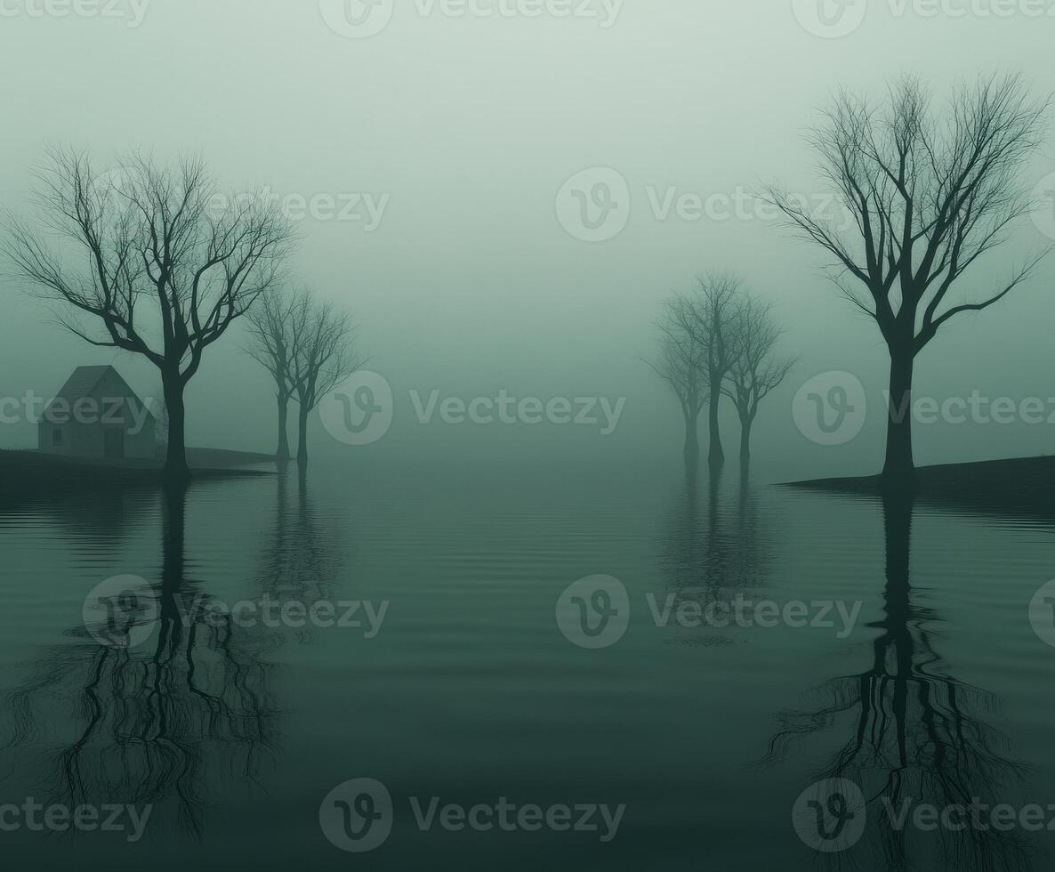 Eerie mist envelops a quiet house surrounded by shadowy trees at dusk photo