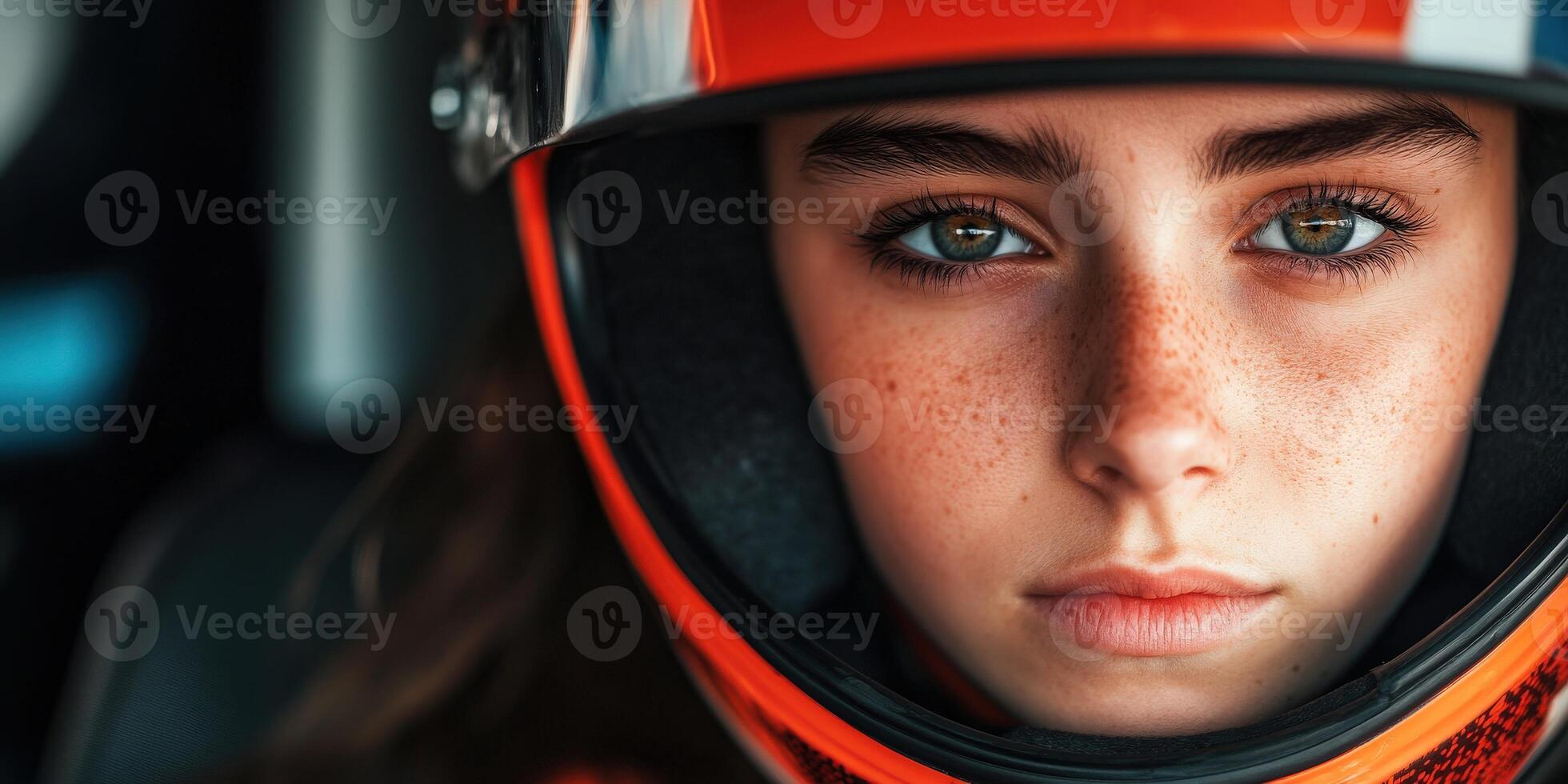 Young female racer wearing a helmet while preparing for a race photo